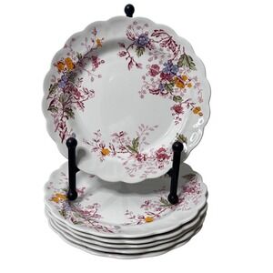Ridgway English Garden Salad Plates Set of 6 7 3/4 in White Floral Ironstone VTG